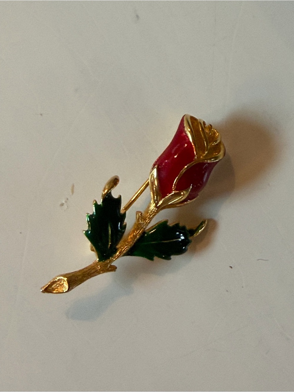 Gold-Tone Vintage Red Rose Pin Brooch with Green Enamel Leaves